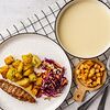 Фото к позиции меню Люля из индейки, картофель запечённый, салат коул слоу, сырный суп