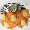 Фото к позиции меню Карпаччо из свежего лосося с овощным тар-таром и лимонной сальсой
