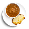 Фото к позиции меню Луковый суп и тост с сыром