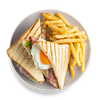 Фото к позиции меню Клаб сэндвич с беконом и картофелем фри