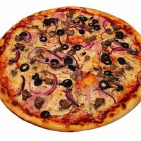 Пицца Фирменная:митболы, ветчина, шампиньоны, лук красный, маслины, моцарелла