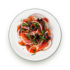 Фото к позиции меню Салат с помидорами, красным луком и базиликом