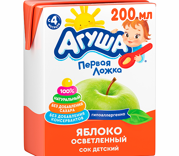 Сок для детского питания Агуша Яблоко 200мл для дет.пит. с 4 месяцев