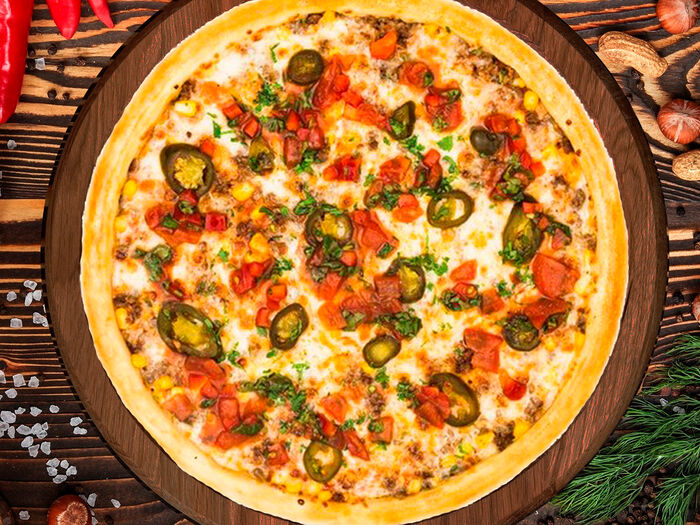 Ранчо 40 см • пицца соус•сыр моцарелла•куриное филе•халапеньо•помидор•зелень