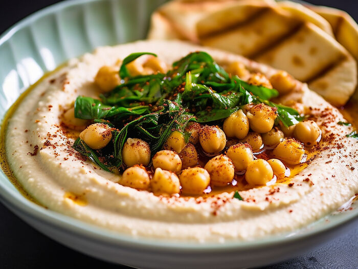Hummus Moutabal topped with meat
