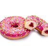 Фото к позиции меню Пончик-донатс с клубничной начинкой, розовой глазурью и цветной посыпкой (Польша)