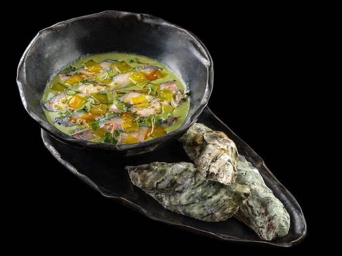 Крем-суп из лосося со шпинатом и лимонным желе