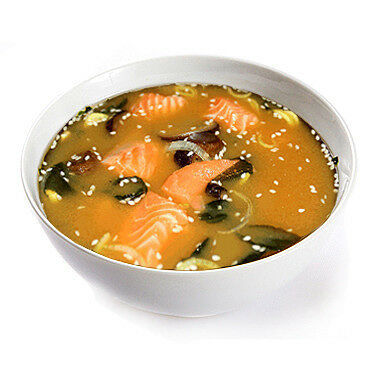 Мисо суп с лососем - мисо паста, лосось, зеленый лук, соус кимчи, рис, вакамэ, грибы шиитаке, кунжут