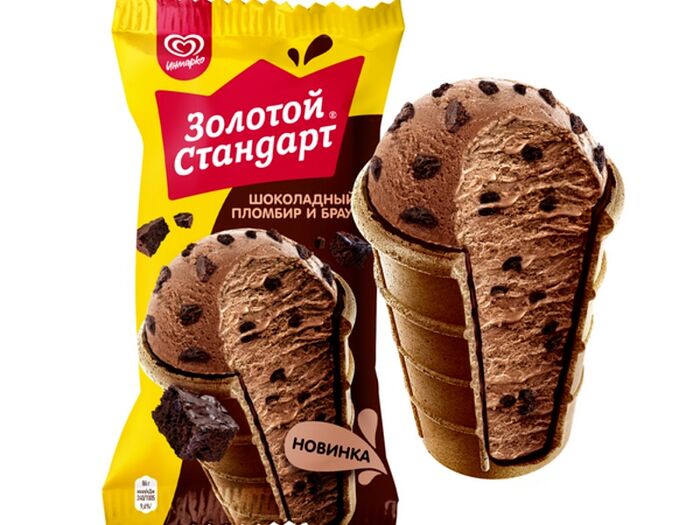 Золотой Стандарт мороженое в вафельном стаканчике Шоколадный пломбир и Брауни