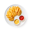 Фото к позиции меню Большая порция картофеля фри с сырным соусом и кетчупом