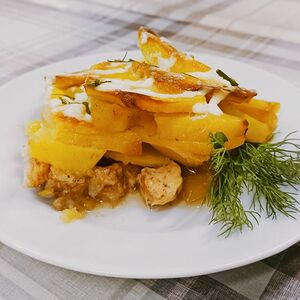 Мясо по французски с курицей