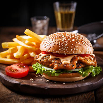 Chicken fillet burger with chips