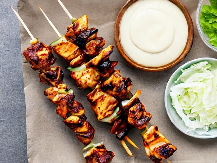 Chicken kebabs served with salads