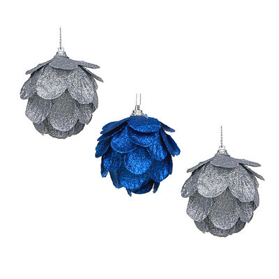 Сноу бум набор украшений декоративных в форме цветка в глиттере, 3 шт (7 см) синий, серебро