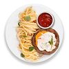 Фото к позиции меню Бифштекс с яйцом пашот, спагетти и томатным соусом