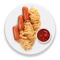 Мини-сосиски барбекю с кетчупом и спагетти