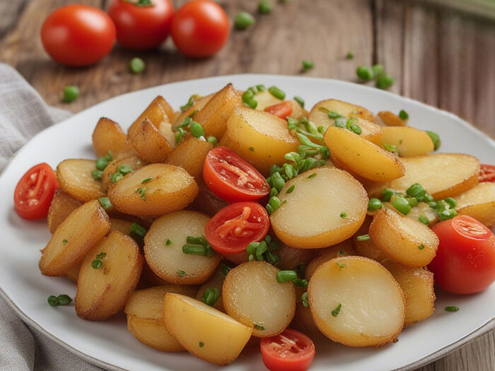 Картофель, жаренный с луком и томатами
