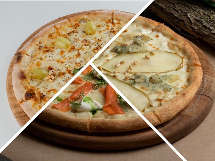 3 пиццы : Четыре сыра, лосось и сливочный сыр, груша с горгонзолой
