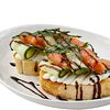Фото к позиции меню Брускетта с лососем, творожным сыром и огурцом под бальзамическим соусом