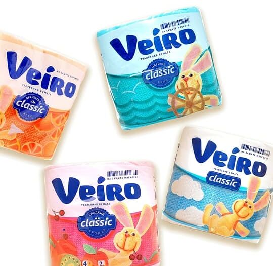 Туалетная бумага Veiro в ассортименте белая-голубая-розовая-желтая 4шт