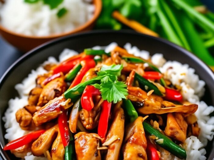 Курица по-тайски с овощами и рисом