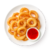 Фото к позиции меню Луковые кольца с соусом сладкий чили, 170 г